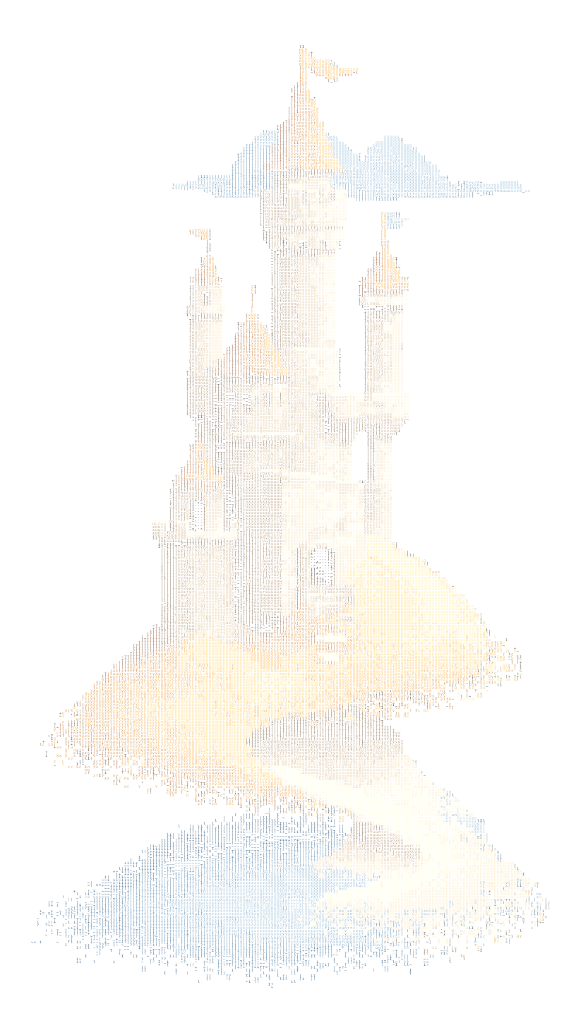 A colorful ASCII illustration of a four-tower sandcastle