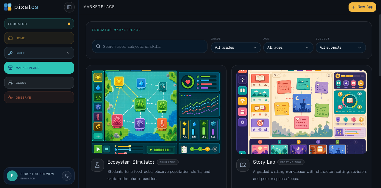 Educator marketplace preview with classroom app cards and filters